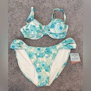 Shade & Shore Teal & White Floral Bikini, Size XL (16), NEW with Tags